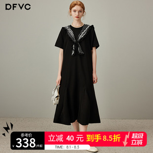 新款 dfvc黑色海军领披肩t恤裙女2025年夏季 宽松长裙休闲连衣裙子