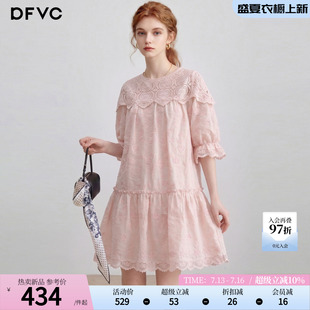 dfvc天丝法式甜美绣花连衣裙女2026年夏季新款蕾丝拼接宽松中长裙
