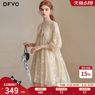 dfvc法式度假风绣花连衣裙女2026年夏季新款V领小个子公主仙女裙