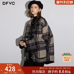 dfvc韩版短款格子毛呢外套女2025年冬季新款宽松小个子呢子大衣厚