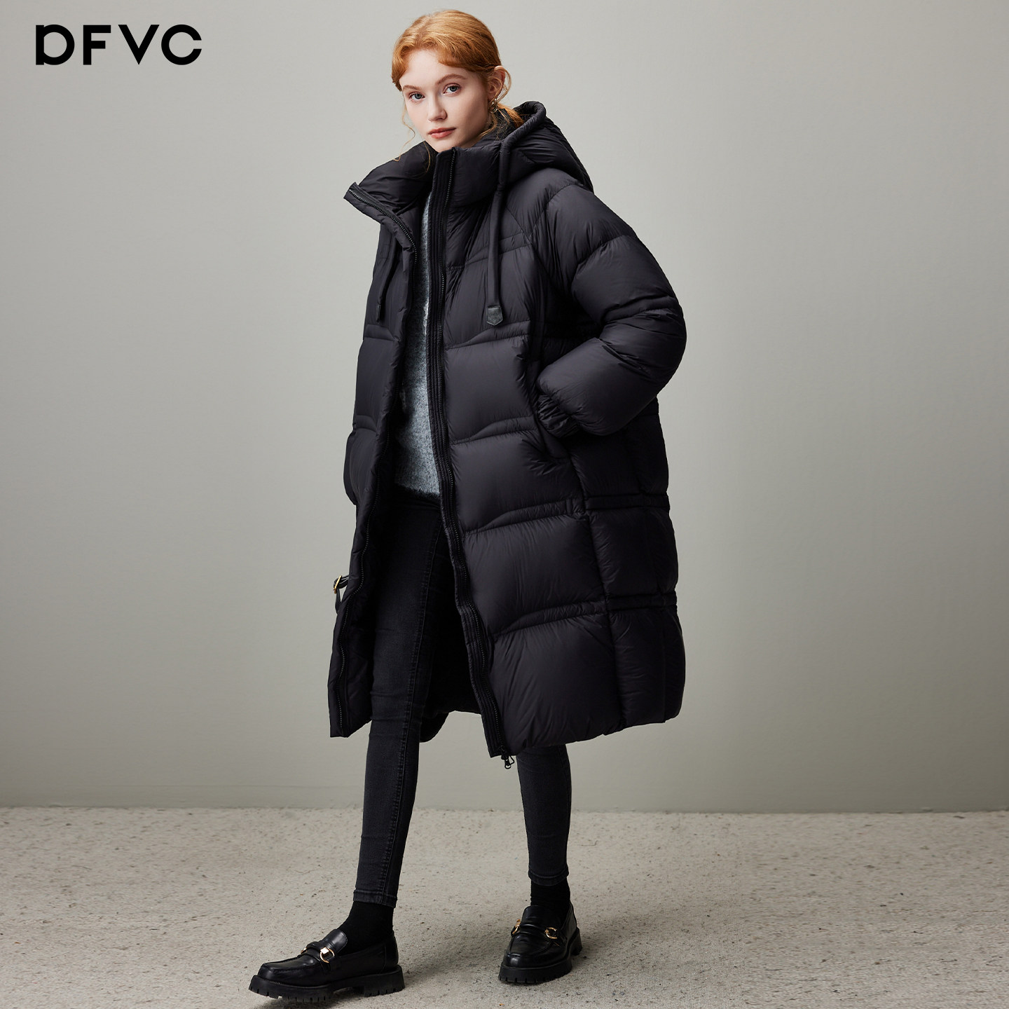 dfvc黑色中长款泡芙羽绒服女2025年冬季新款连帽加厚白鸭绒面包服