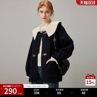 dfvc黑色娃娃领毛呢外套女2026新款冬季撞色牛角扣宽松短款大衣厚