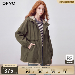 dfvc天丝复古中长款风衣外套女2026新款秋季小个子亚麻连帽外套