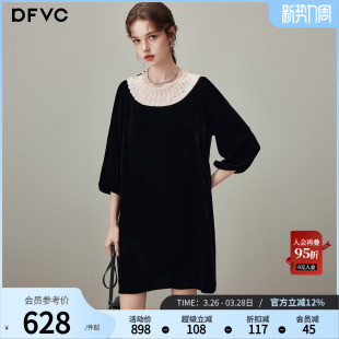 dfvc黑色复古桑蚕丝真丝丝绒连衣裙女2026年春季 小个子小黑裙 新款