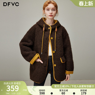 dfvc复古仿羊羔毛短款外套女2025年冬季新款宽松连帽加厚保暖上衣