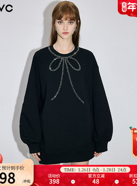 dfvc黑色短款圆领卫衣女2026春季新款蝴蝶结钉珠休闲宽松套头上衣