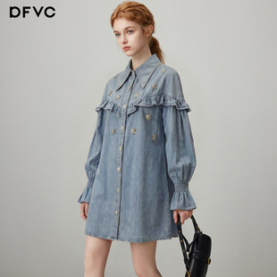 dfvc蓝色减龄做旧牛仔衬衫裙女2026年春季新款钉珠宽松长袖连衣裙