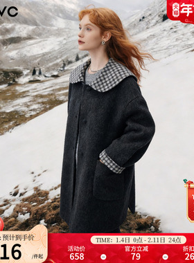 dfvc韩版减龄娃娃领绵羊毛呢外套女2025年冬季新款中长双面呢大衣