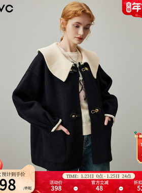 dfvc黑色娃娃领毛呢外套女2025新款冬季撞色牛角扣宽松短款大衣厚