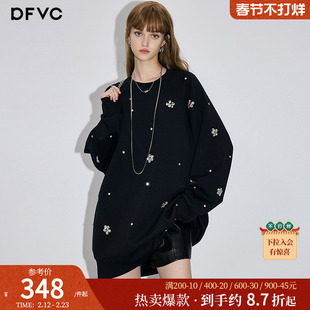 dfvc黑色美式休闲重工钉珠圆领卫衣女2026春季新款宽松中长连衣裙
