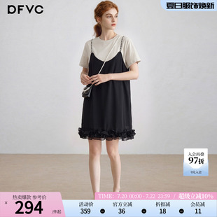 dfvc韩版休闲假两件拼接T恤裙女2026年夏季新款荷叶边宽松连衣裙