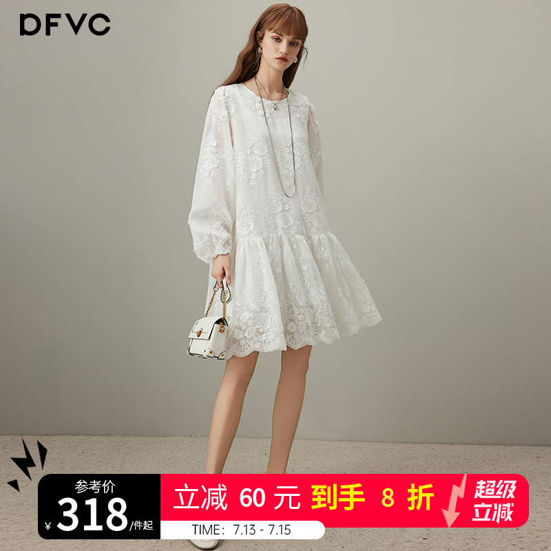 dfvc白色法式重工刺绣天丝长袖连衣裙女2025年春季新款宽松a字裙