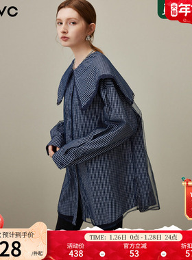 dfvc蓝色减龄海军领格子长袖衬衫女2026年春季新款网纱中长款上衣