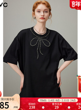 dfvc黑色简约休闲圆领短袖t恤女2025夏季新款蝴蝶结钉珠宽松上衣