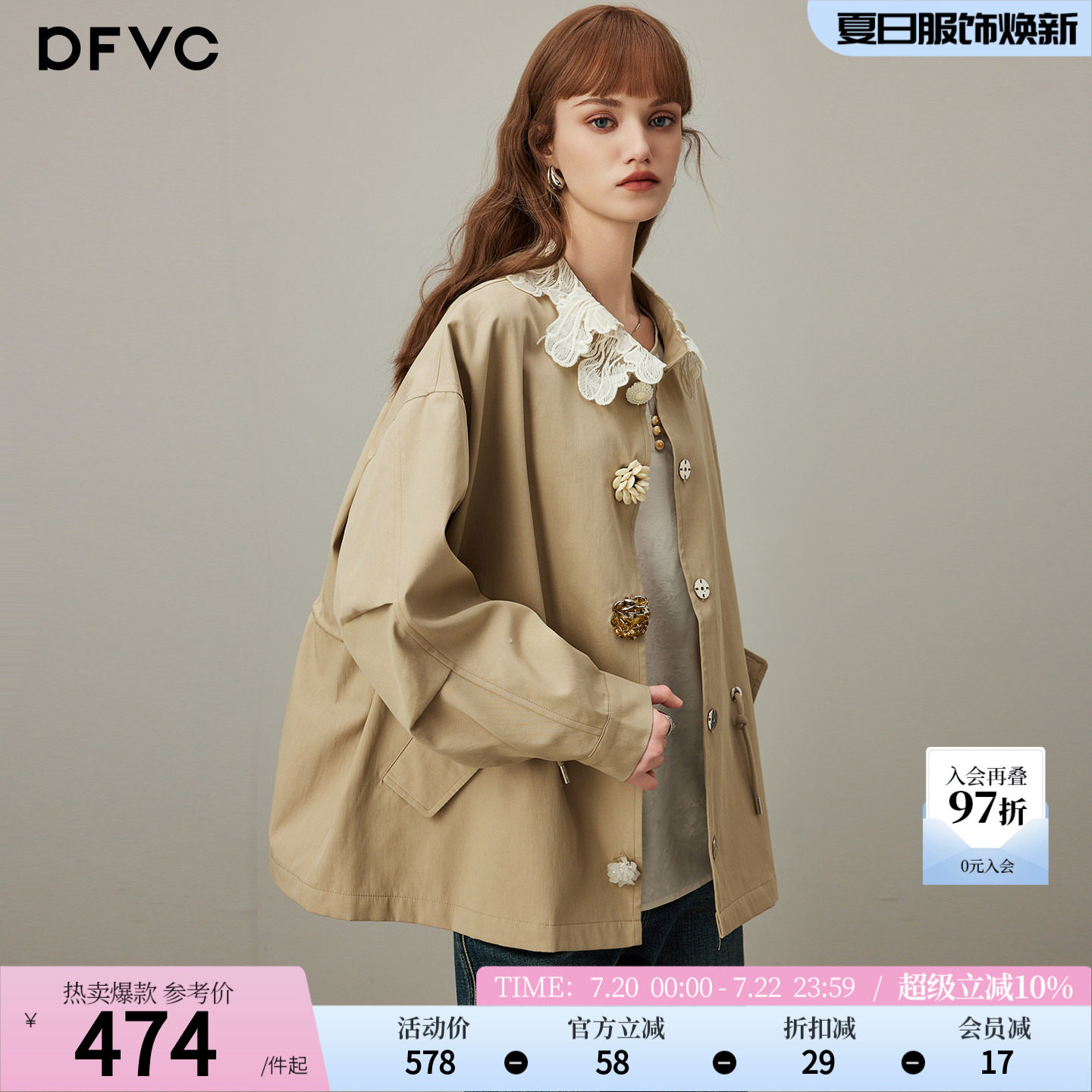 dfvc韩版纯棉短款风衣外套女2026年秋季新款抽绳宽松休闲夹克上衣