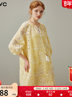 dfvc法式重工镂空绣花连衣裙女2025年夏季新款系带宽松度假风裙子