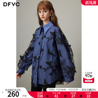 dfvc宽松长袖纯棉蝴蝶刺绣衬衫