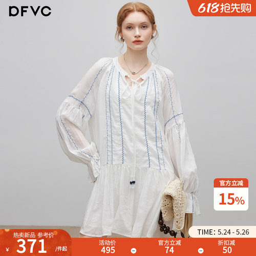 dfvc人丝苎麻白色长袖衬衫裙