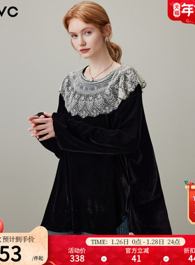 dfvc黑色复古丝绒长袖衬衫女2026年春季新款荷叶边宽松内搭上衣