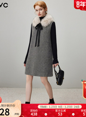 dfvc轻奢千金风羊毛背心裙女2026年春季新款小个子毛领春装连衣裙