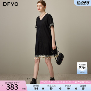 dfvc黑色亚麻V领连衣裙女2026年夏季新款刺绣流苏小个子宽松裙子