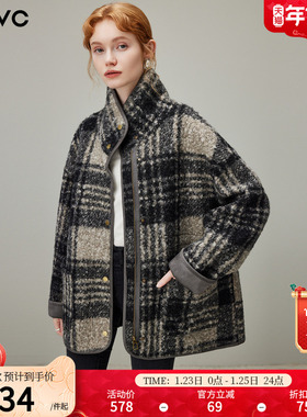 dfvc黑色复古格纹短款外套女2025年冬季新款立领加厚保暖宽松上衣