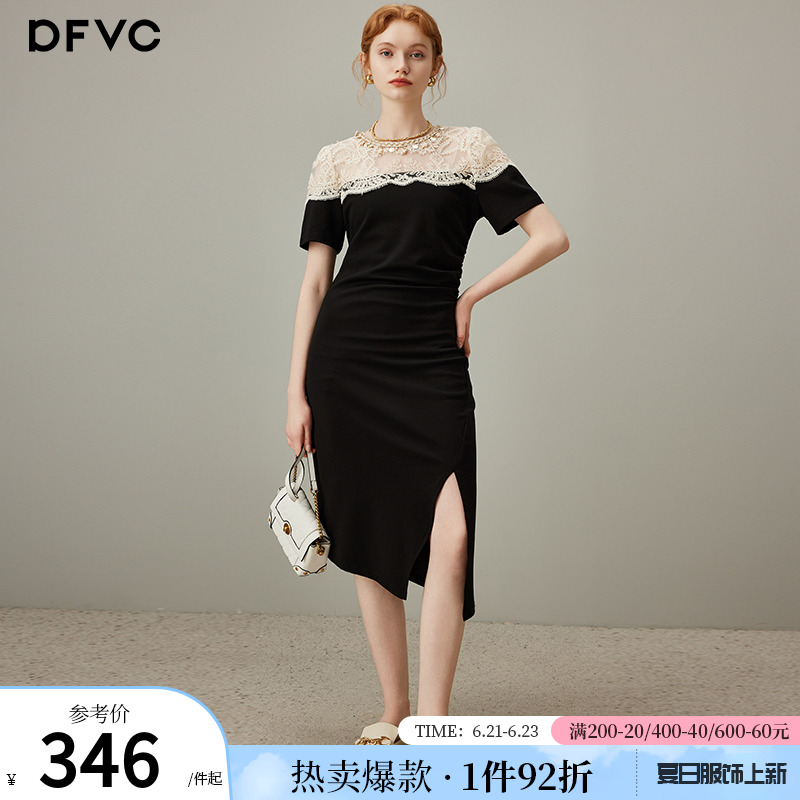 dfvc黑色气质蕾丝拼接连衣裙女2025年夏季新款收腰显瘦开叉长裙子