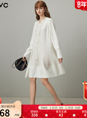 dfvc白色法式重工压褶长袖连衣裙女2026年春季新款宽松中长款裙子