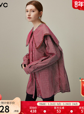 dfvc红色减龄海军领格子长袖衬衫女2026年春季新款网纱中长款上衣