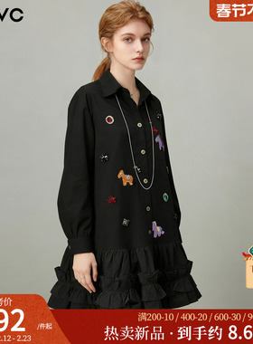 dfvc黑色纯棉设计感小众衬衫裙女2026年春季新款荷叶边钉珠连衣裙