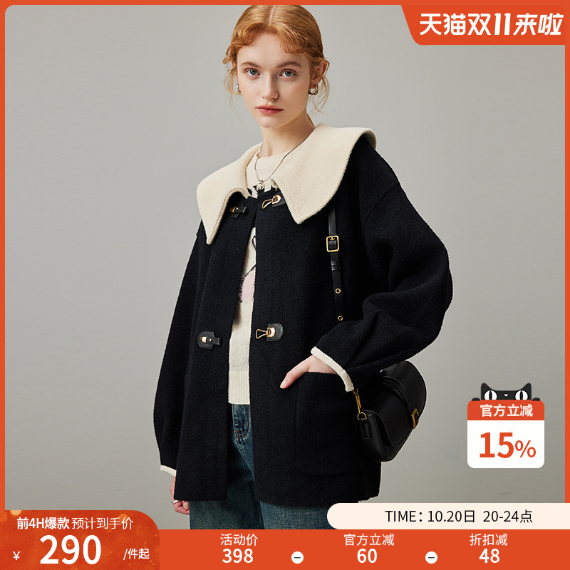 dfvc黑色娃娃领毛呢外套女