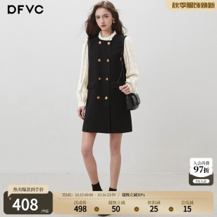 dfvc赫本风黑色连衣裙女秋2026新款拼接木耳边长袖小个子小黑裙子