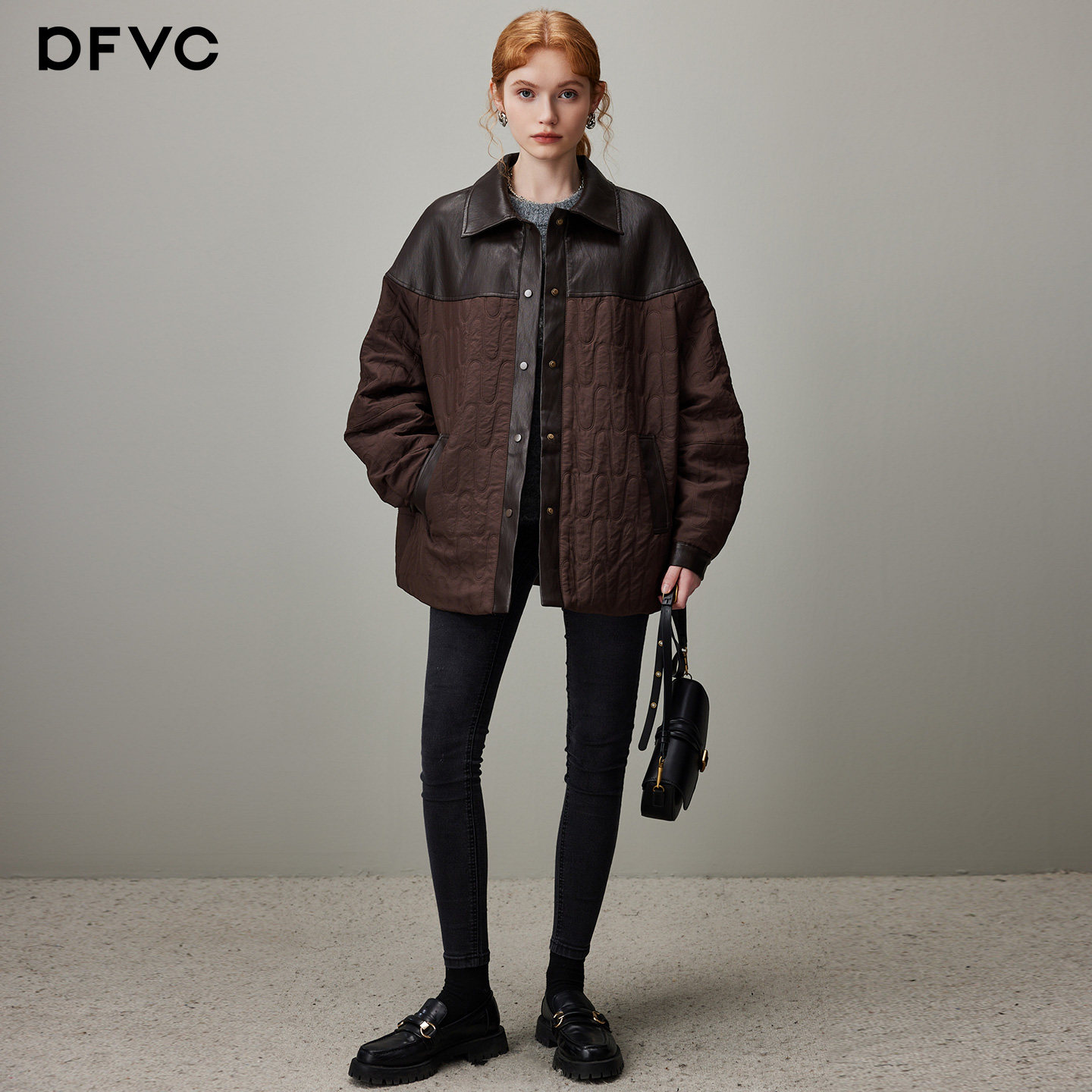 dfvc韩版衬衫式短款轻薄棉衣外套女2025冬季新款PU皮拼接宽松棉服