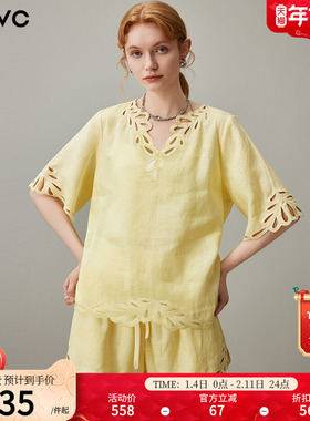 dfvc亚麻V领镂空短袖衬衫套装女2025年夏季新款宽松高腰阔腿短裤