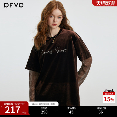 dfvc韩版假两件圆领丝绒长袖T恤