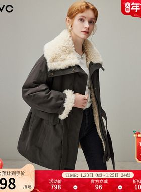 dfvc休闲工装仿羊羔毛派克服女2025冬季新款中长翻领宽松保暖外套