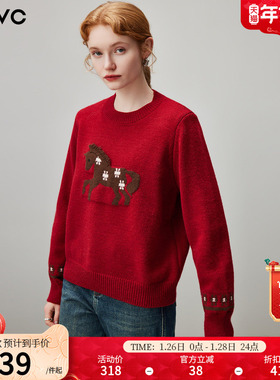 dfvc新年红色圆领毛衣女2025年冬季新款小马提花宽松短款针织衫