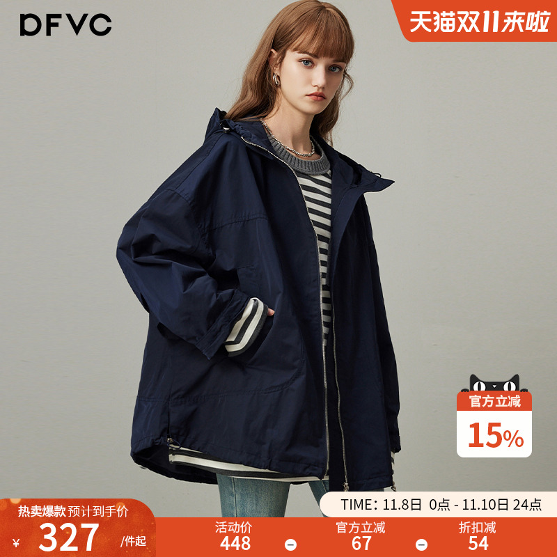 dfvc韩版连帽中长款风衣宽松工装