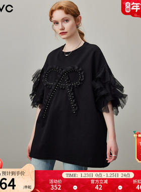 dfvc韩版网纱拼接圆领短袖T恤女2026年春季新款蝴蝶结休闲上衣
