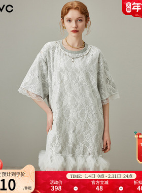 dfvc灰色蕾丝拼接圆领短袖t恤裙女2025年夏季新款宽松休闲连衣裙