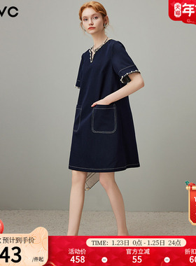 dfvc气质通勤牛仔连衣裙女2025年夏季新款钉珠v领宽松中长款裙子