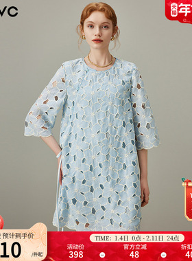 dfvc法式温柔镂空花朵连衣裙女2025年夏季新款小个子宽松蓝色裙子