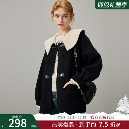 dfvc黑色娃娃领毛呢外套女2025新款冬季撞色牛角扣宽松短款大衣厚