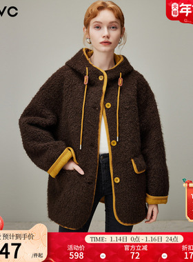 dfvc复古仿羊羔毛短款外套女2025年冬季新款宽松连帽加厚保暖上衣