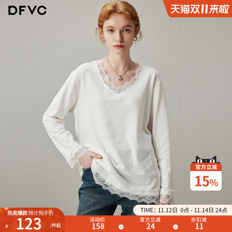 dfvc白色蕾丝拼接V领长袖T恤女2025年秋季新款低领宽松内搭打底衫