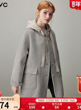 dfvc韩版中长款绵羊毛呢外套女2025年冬季新款连帽宽松双面呢大衣