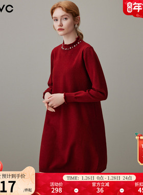 dfvc红色钉珠半高领针织连衣裙女2025年冬季新款保暖打底毛衣裙子
