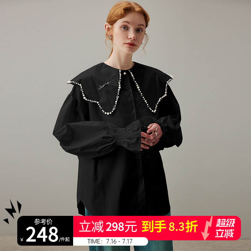 dfvc黑色法式娃娃领长袖衬衫女春季2025新款花瓣袖宽松纯棉上衣薄