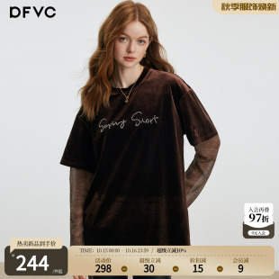 dfvc韩版假两件圆领丝绒长袖T恤女2026年秋季新款宽松休闲上衣潮