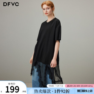 dfvc黑色蕾丝拼接圆领短袖 设计感小众宽松上衣 t恤女2025夏季 新款